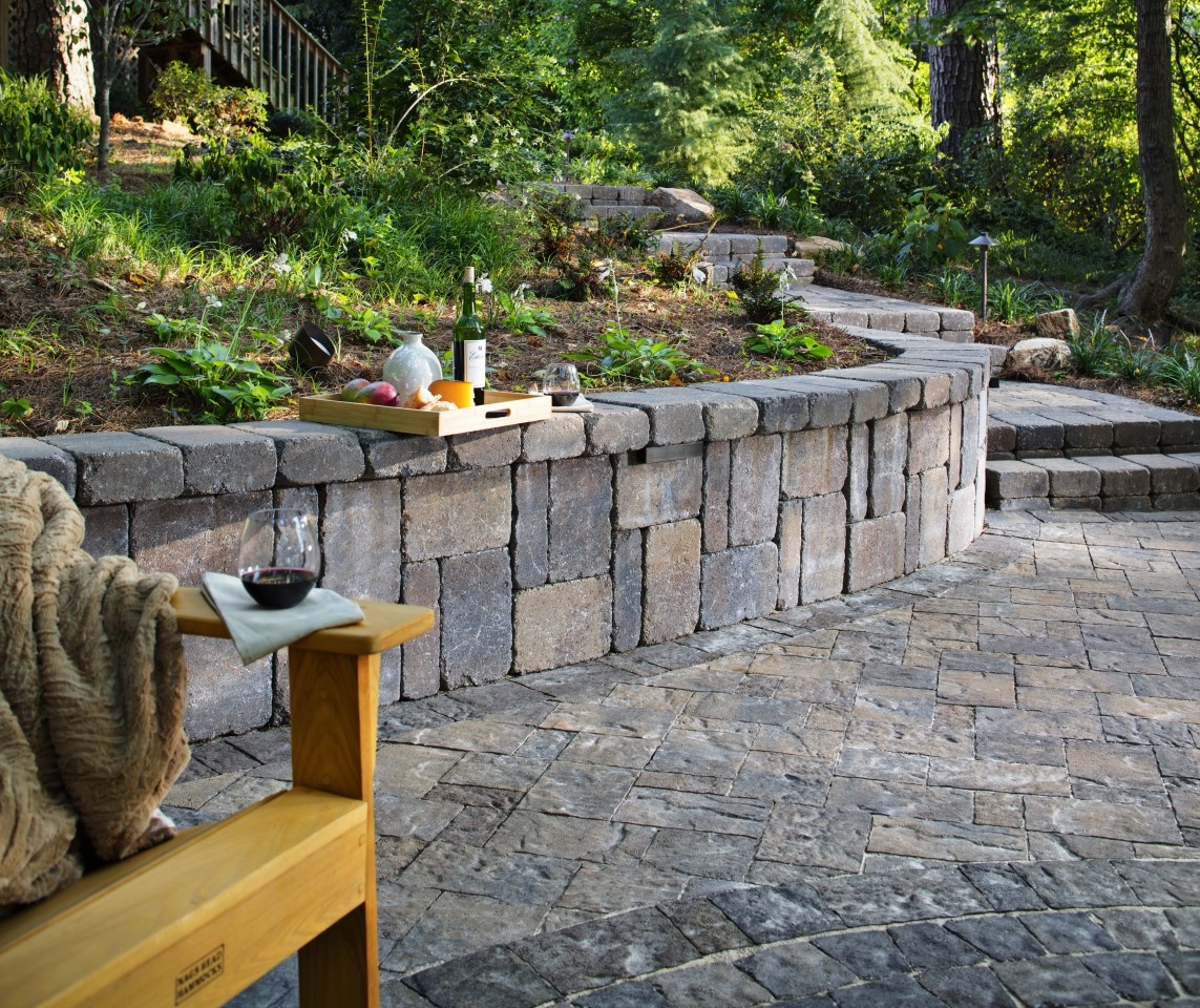 Hardscape projects utilizing pavers and walls manufactured by Belgard Hardscapes.