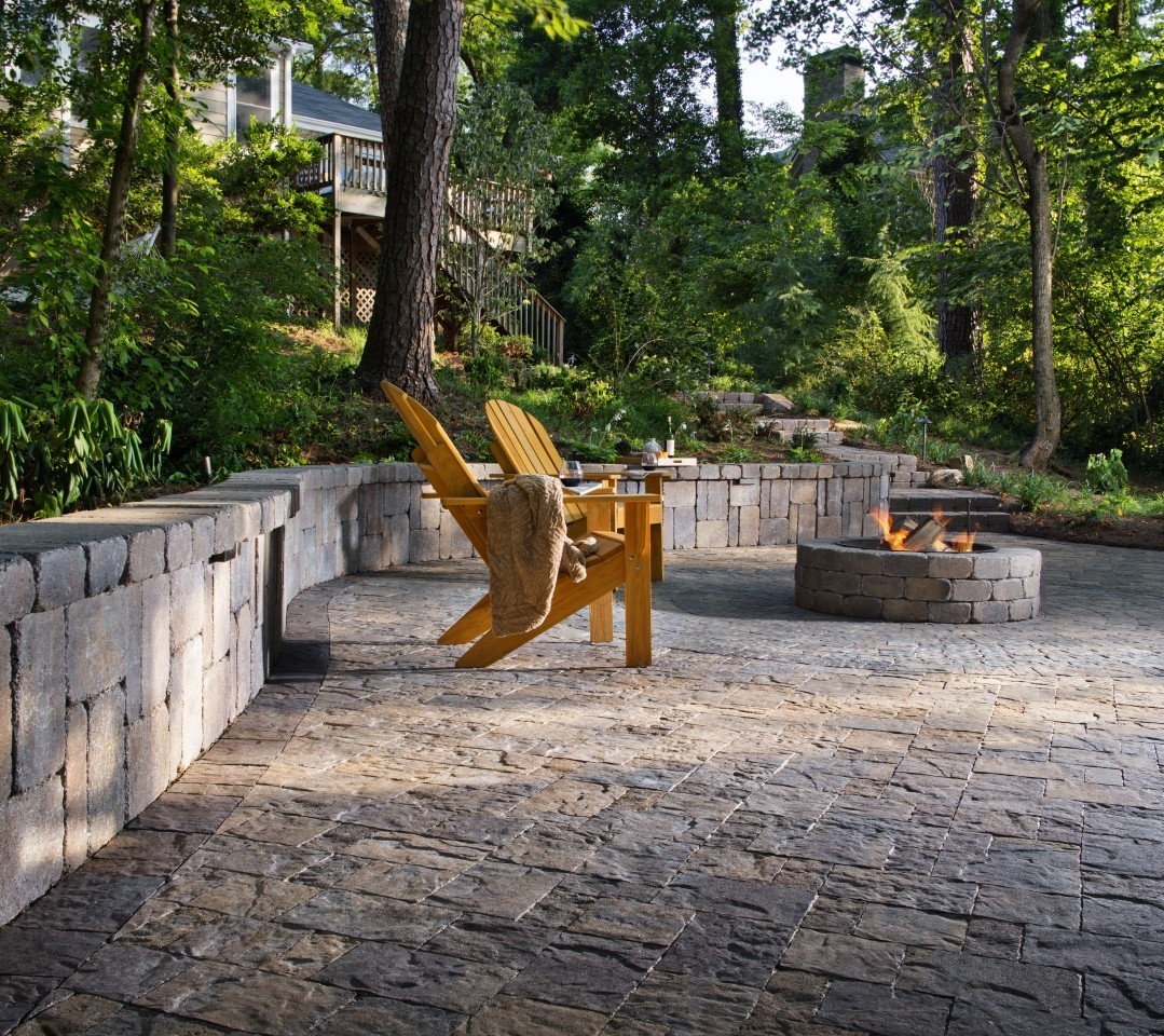 Hardscape projects utilizing pavers and walls manufactured by Belgard Hardscapes.