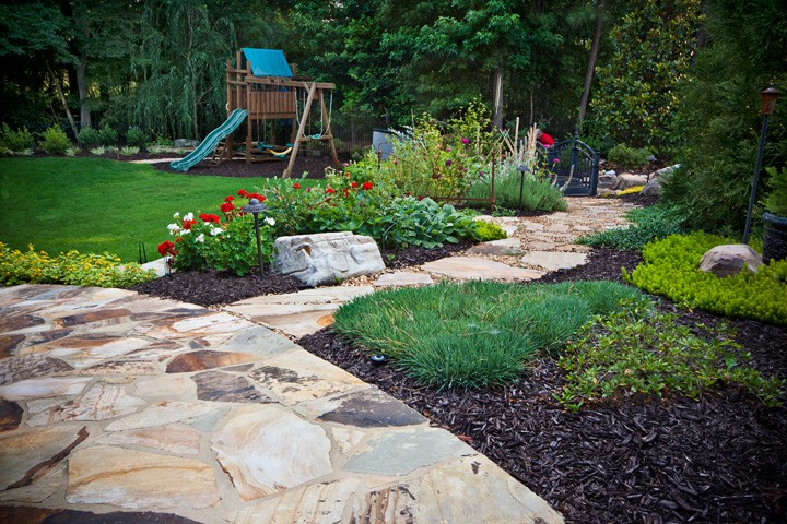 Montville Landscaping with a Stone Walkway to Play Area by Sugar Hill Outdoors
